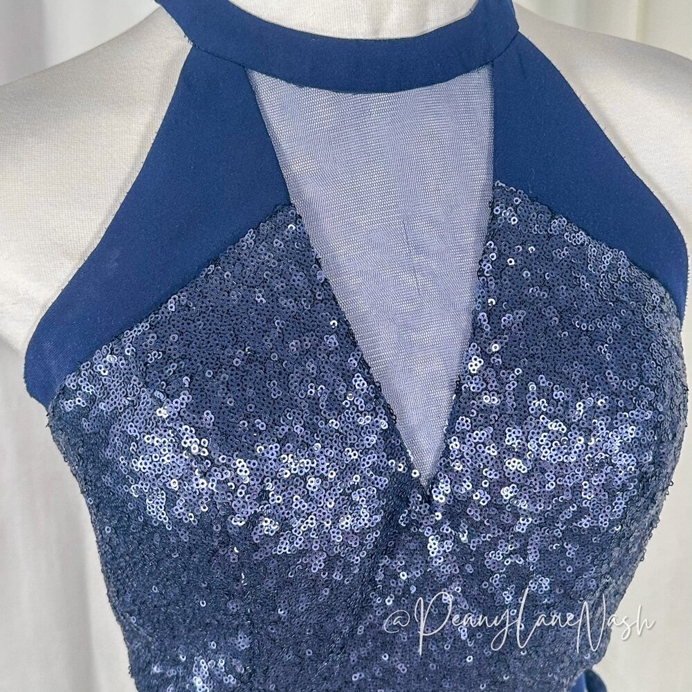 Alyce Paris Sequin Halter V Neck Cutout Fitted Cocktail Dress Navy - Picture 5 of 13